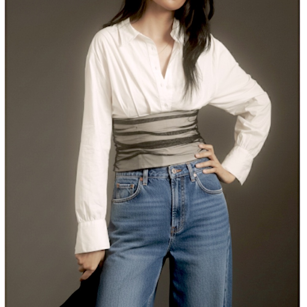 Maeve  - NWT women’s Tulle lace Cummerbund Button down white shirt blouse top XS